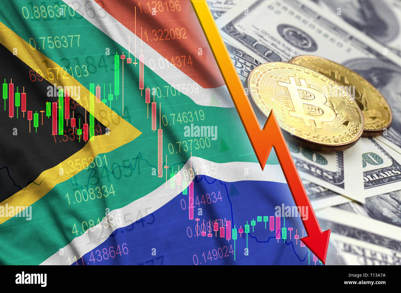 South Africa flag and cryptocurrency falling trend with two bitcoins on  dollar bills and binary code display. Concept of reduction Bitcoin in price  an Stock Photo - Alamy