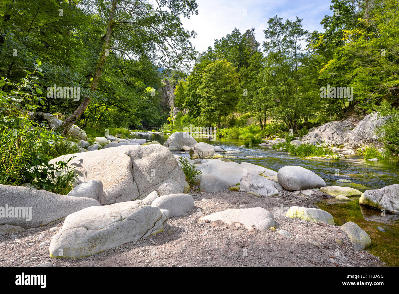 riverside with big boulders of the river Murg, Northern Black Forest, Germany, wild nature in the Murg valley near Forbach Stock Photo