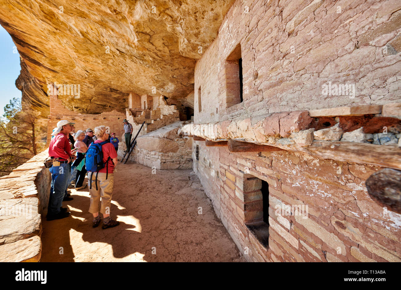 tourists in Balcony House, Cliff dwellings in Mesa-Verde-National Park, UNESCO world heritage site, Colorado, USA, North America Stock Photo