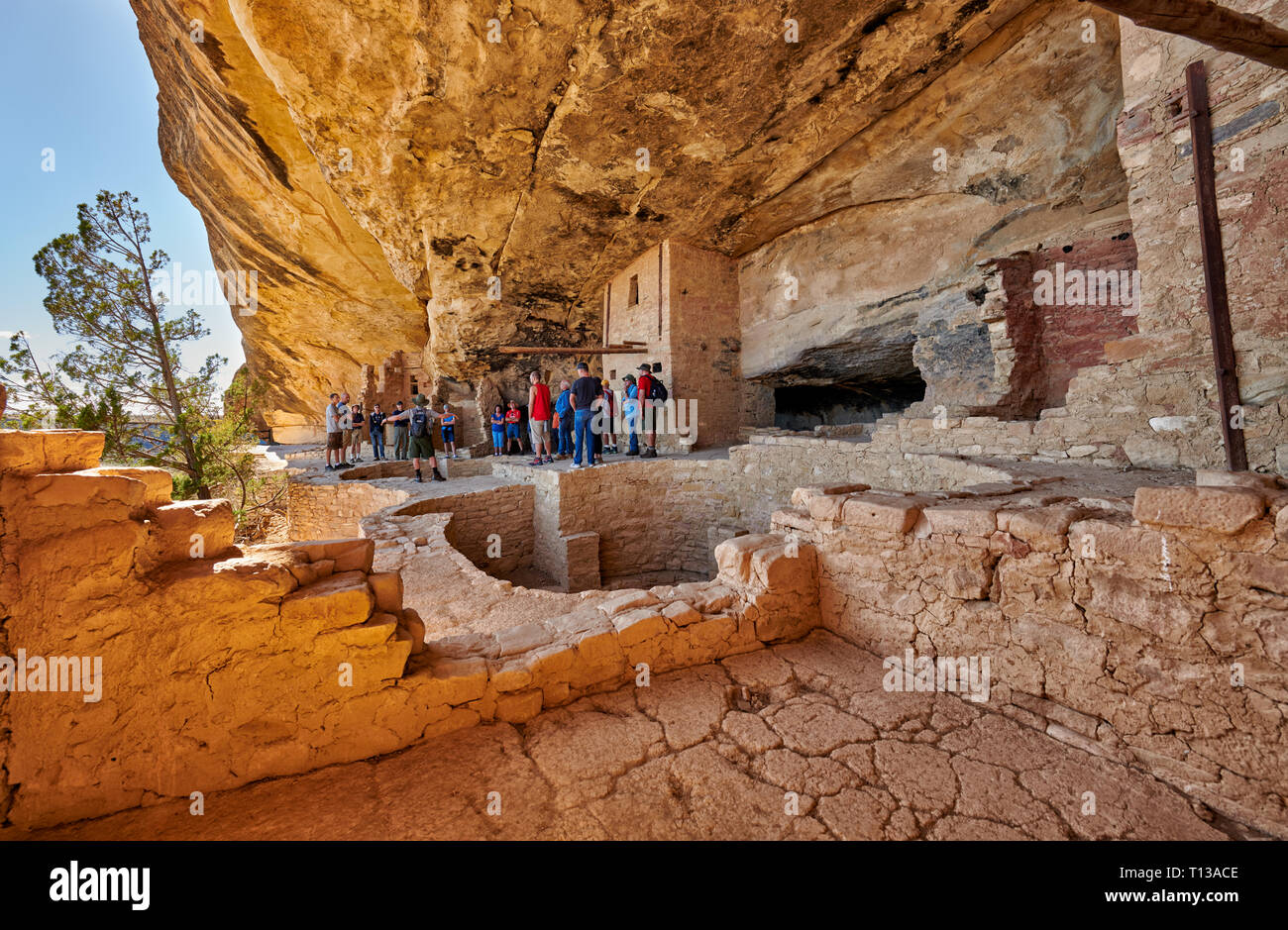 tourists in Balcony House, Cliff dwellings in Mesa-Verde-National Park, UNESCO world heritage site, Colorado, USA, North America Stock Photo