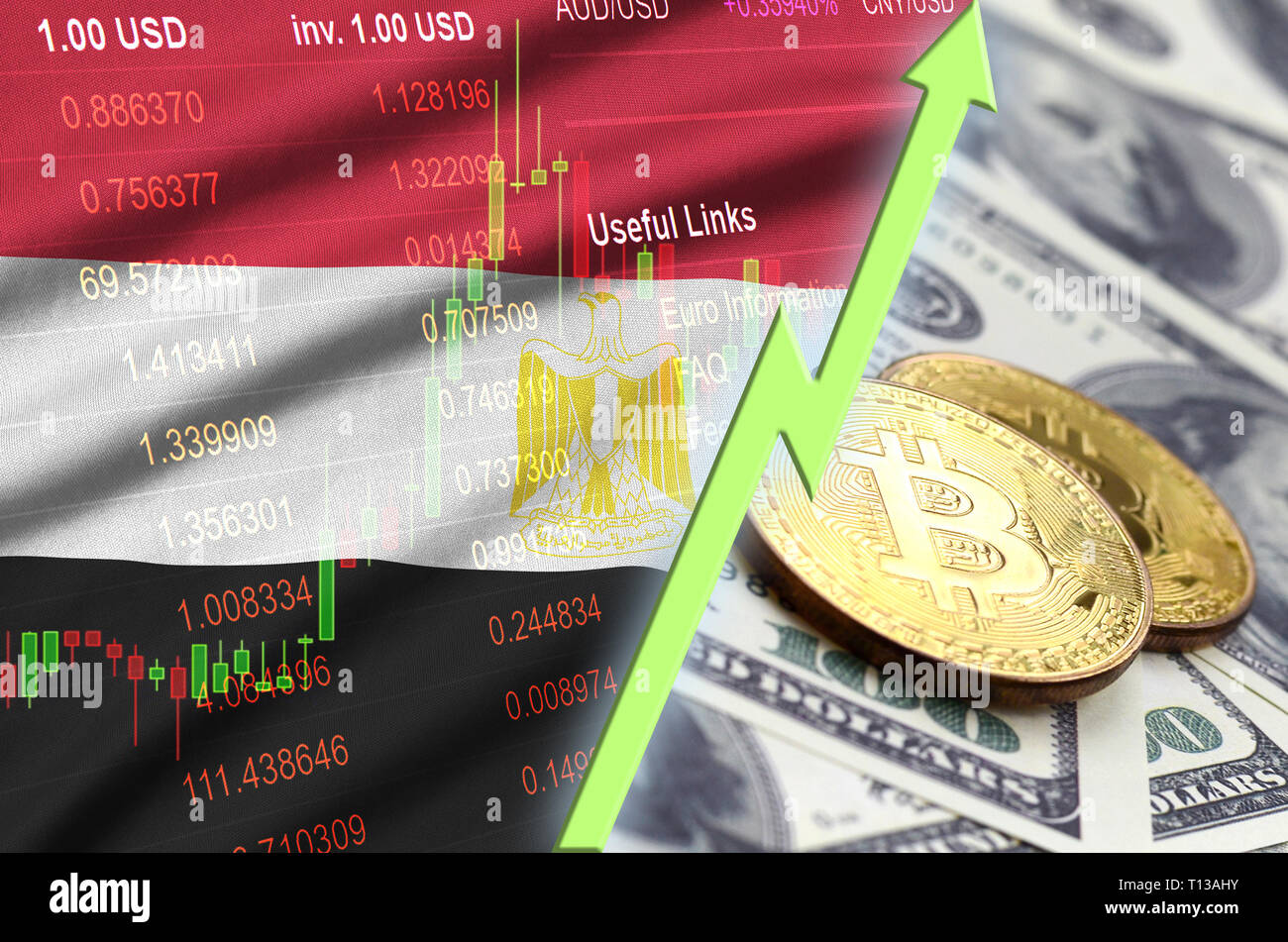 Egypt flag and cryptocurrency growing trend with two bitcoins on dollar  bills. Concept of raising Bitcoin in price against the dollar Stock Photo -  Alamy