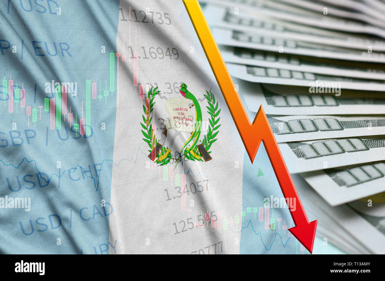 Guatemala flag and chart falling US dollar position with a fan of