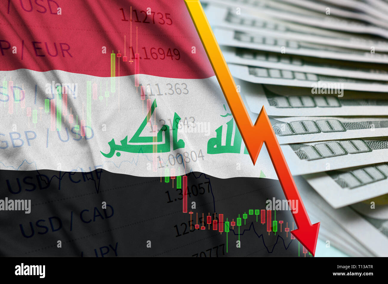 Iraq flag and chart falling US dollar position with a fan of dollar ...
