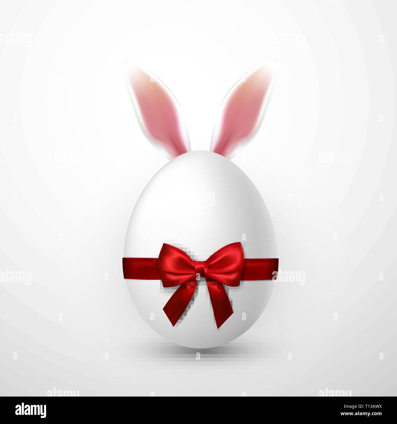 Happy Easter. Vector realistic Easter egg with red bow and Easter Bunny ears, isolated on a gray background. Stock Vector