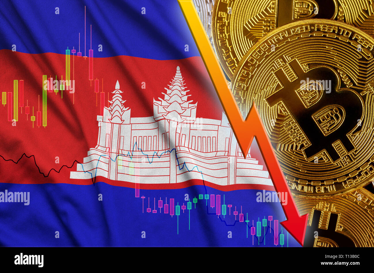 Cambodia flag and cryptocurrency falling trend with many golden bitcoins.  Concept of reduction Bitcoin in price or bad conversion in cryptocurrency  mi Stock Photo - Alamy