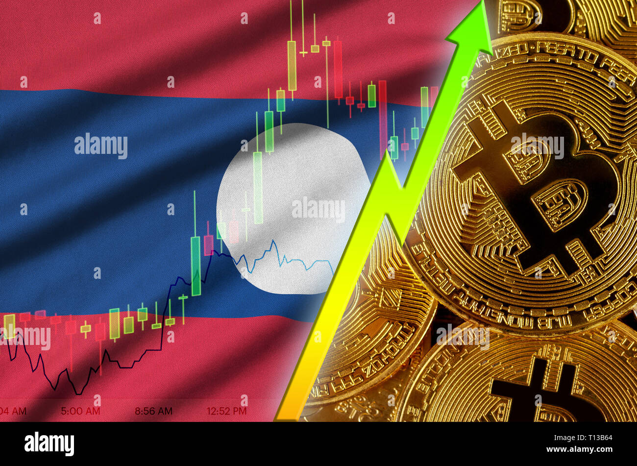 Laos flag and cryptocurrency growing trend with many golden bitcoins.  Concept of raising Bitcoin in price or high conversion in cryptocurrency  mining Stock Photo - Alamy