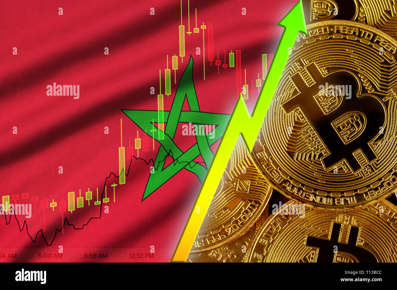 Morocco flag and cryptocurrency growing trend with many golden bitcoins.  Concept of raising Bitcoin in price or high conversion in cryptocurrency  min Stock Photo - Alamy
