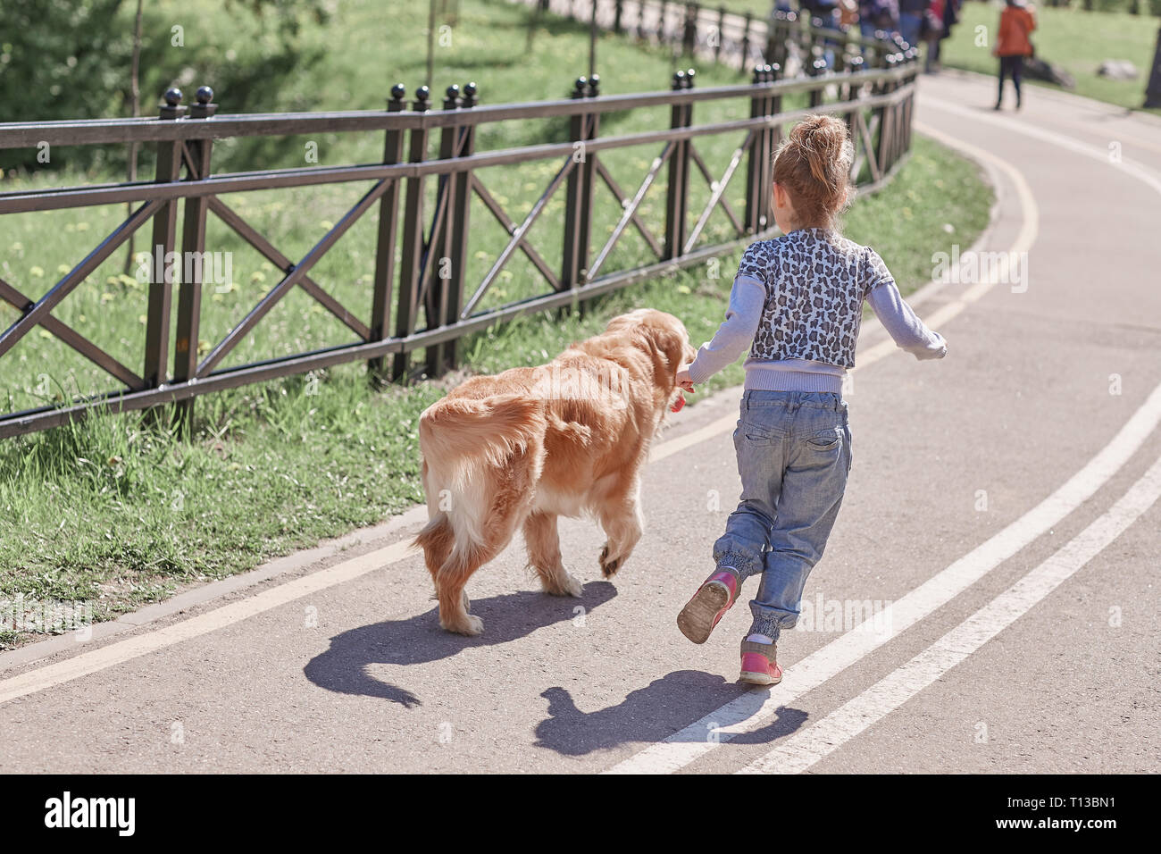 rear view.girl and her faithful dog for a walk Stock Photo