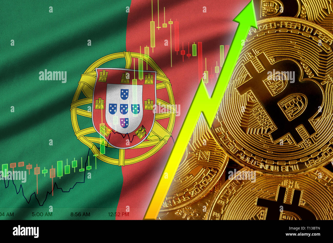 Portugal flag and cryptocurrency growing trend with many golden bitcoins.  Concept of raising Bitcoin in price or high conversion in cryptocurrency mi  Stock Photo - Alamy