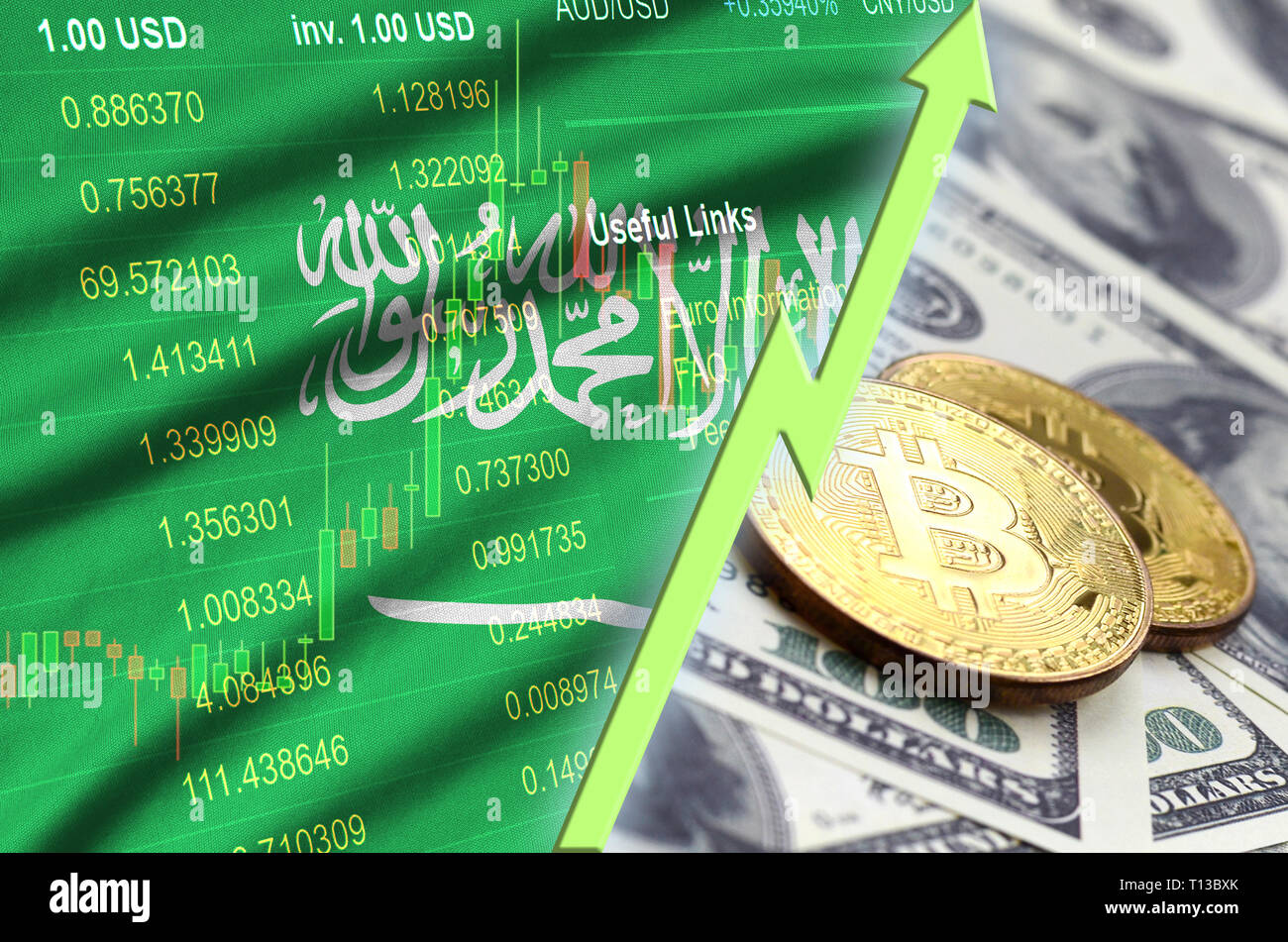 Saudi Arabia Flag And Cryptocurrency Growing Trend With Two Bitcoins On Dollar Bills Concept Of Raising Bitcoin In Price Against The Dollar Stock Photo Alamy
