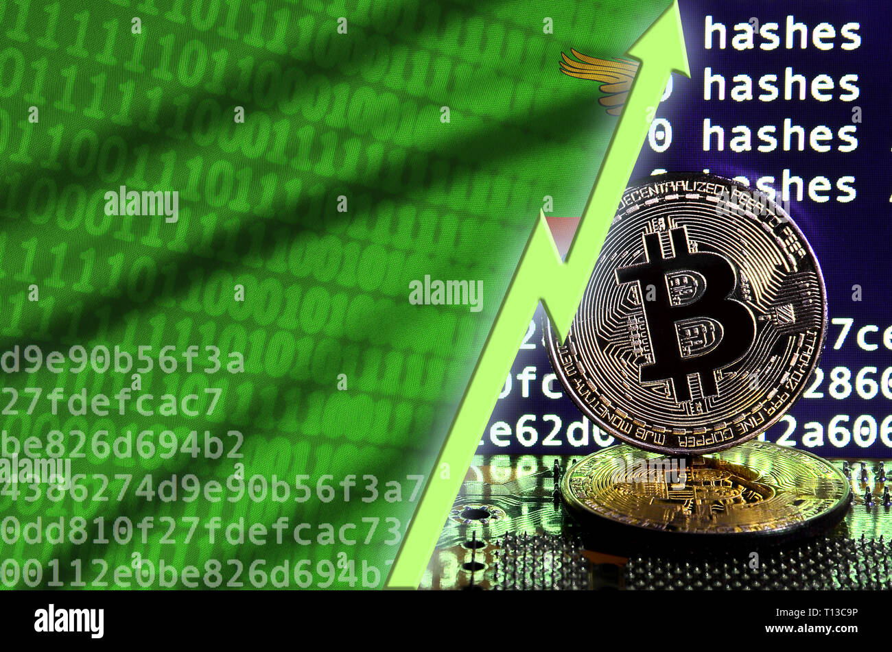 Zambia Flag And Rising Green Arrow On Bitcoin Mining Screen And Two - 
