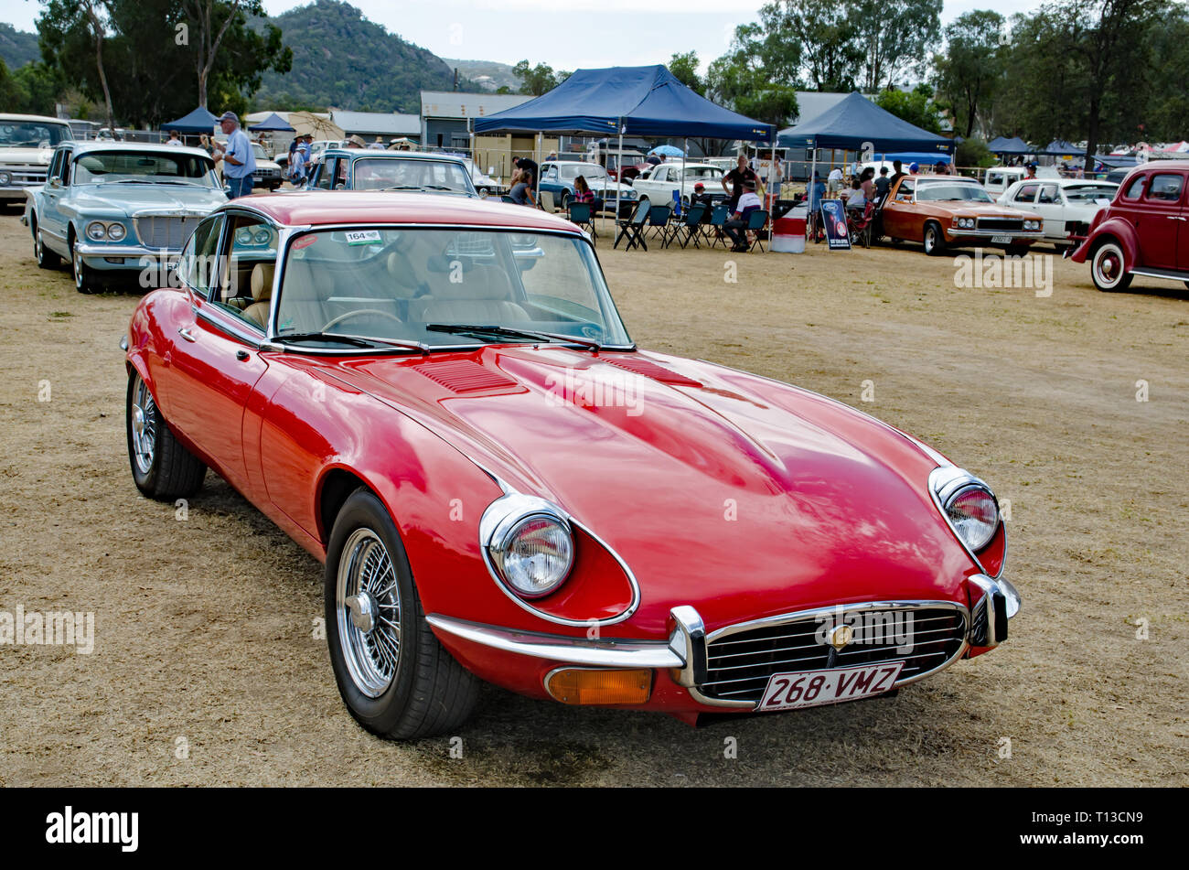 A Red E Type Jaguar V12 Coupe on display at Moonbi Car Show, NSW Australia Stock Photo