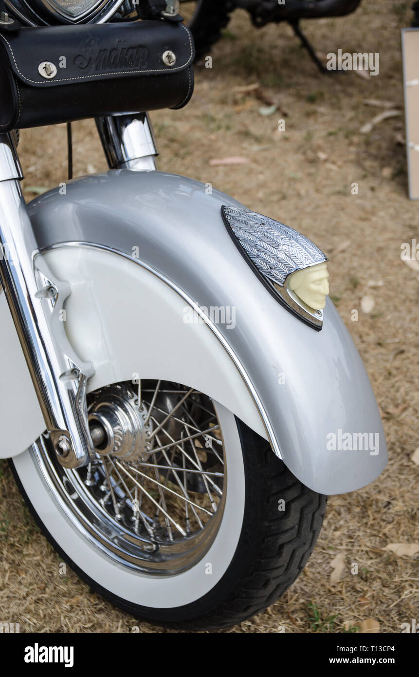 Front spoked wheel and mudguard of 2003 Indian Chief Roadmaster motorcycle. Stock Photo