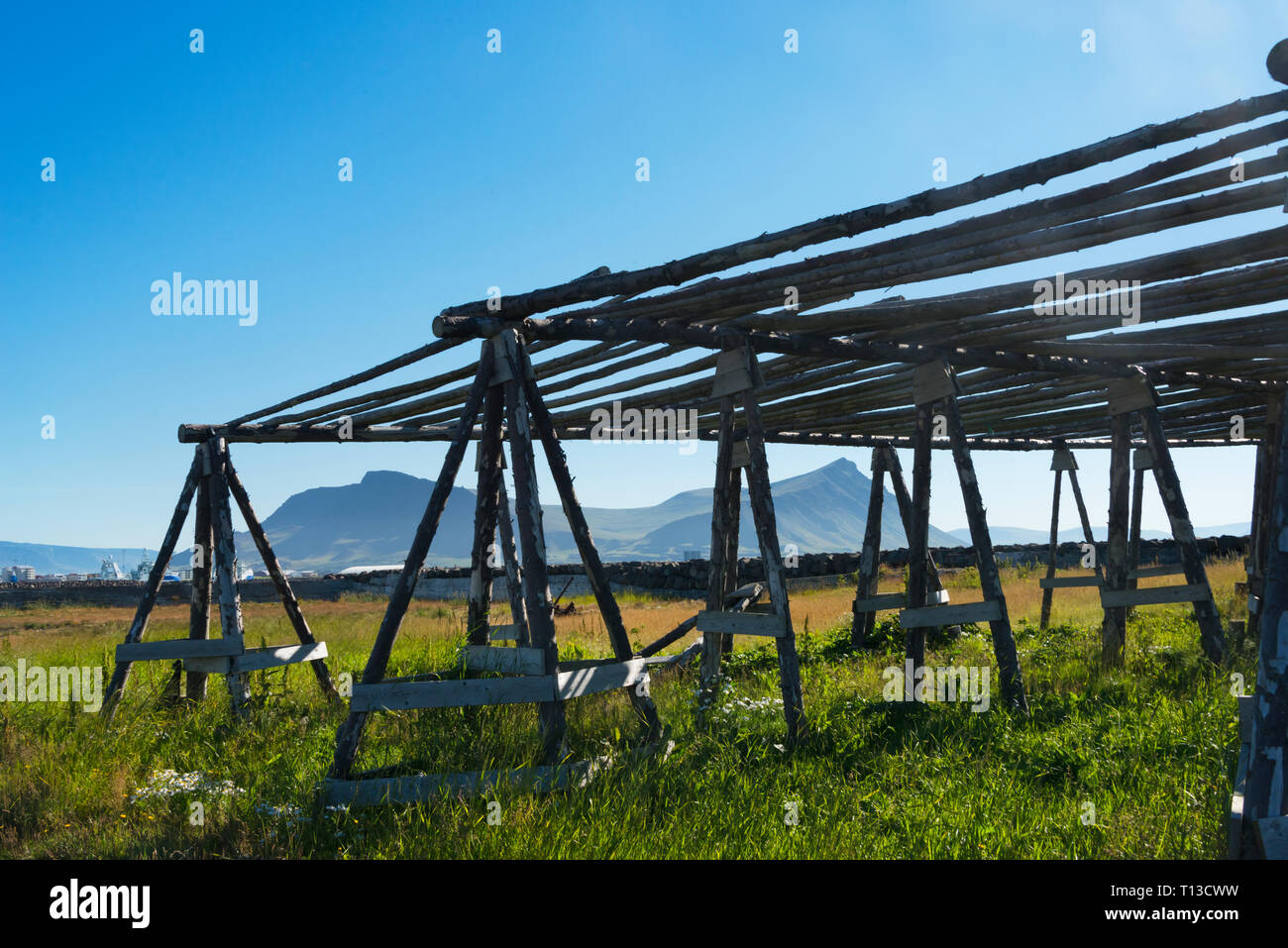 Structure used to dry cod in the old days, Akranes, Iceland Stock Photo
