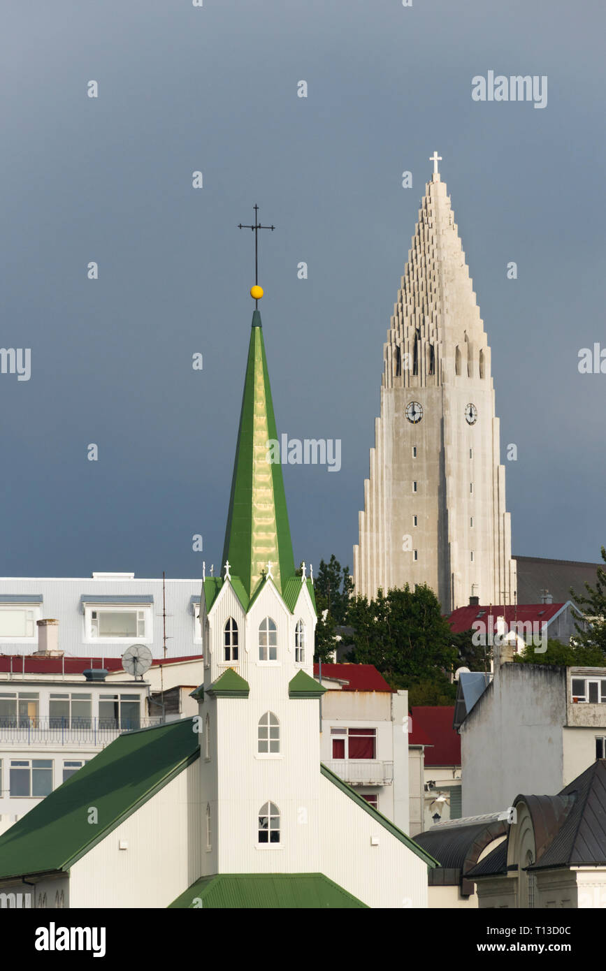 Frikirkjan Church and Hallgrimskirkja Church, Reykjavik, Iceland Stock Photo