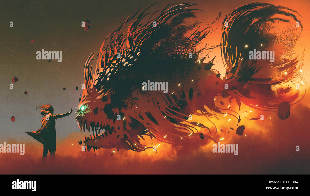 wizard summoning giant fish creature with fire magic, digital art style, illustration painting Stock Photo