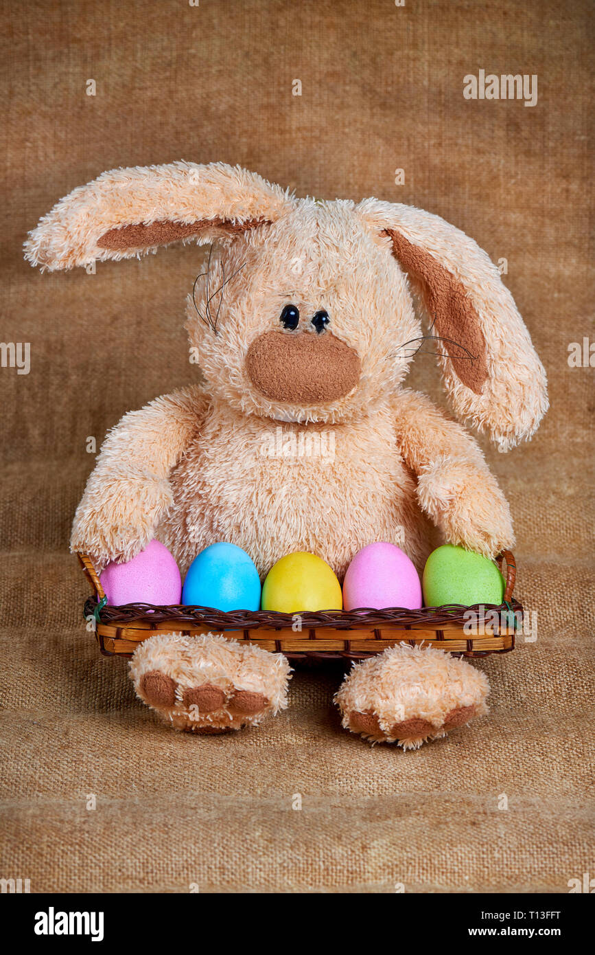 Stuffed soft rabbit with colorful bright painted eggs. Stock Photo
