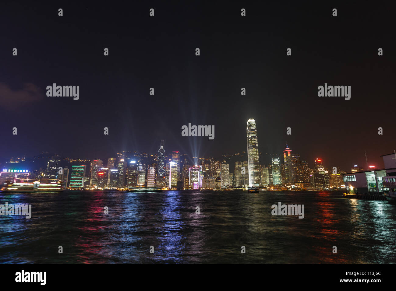 Skyline of Hong Kong at night with all the pretty colored lights ...