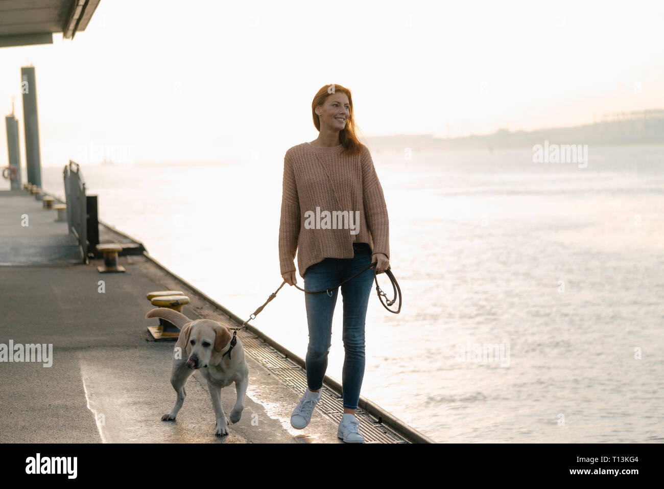Germany, Hamburg, woman walking with dog on pier at the Elbe shore Stock Photo