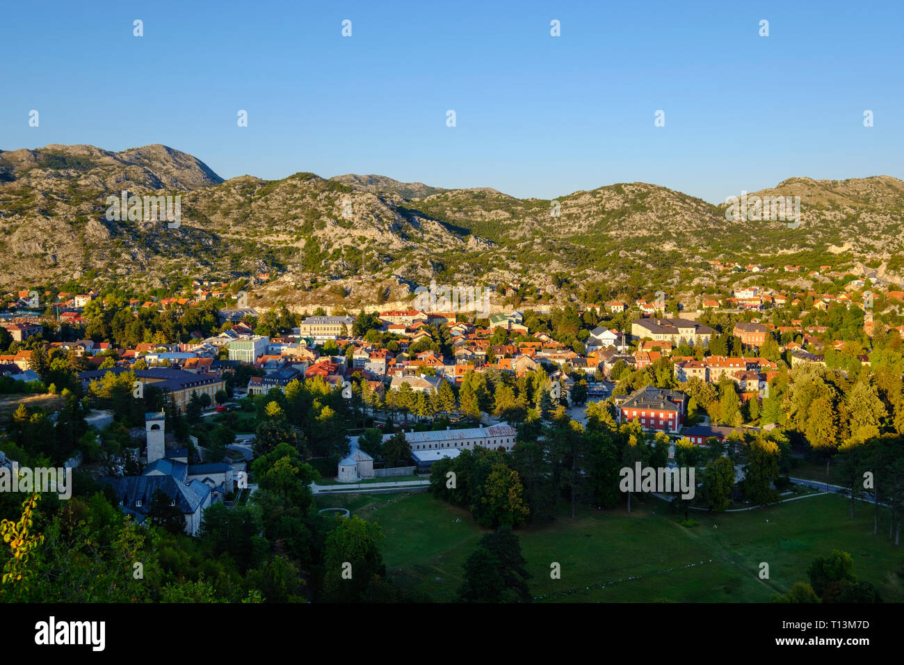 Montenegro, view from Mausoleum of Njegos on mountain Jezerski Vrh towards Cetinje Stock Photo