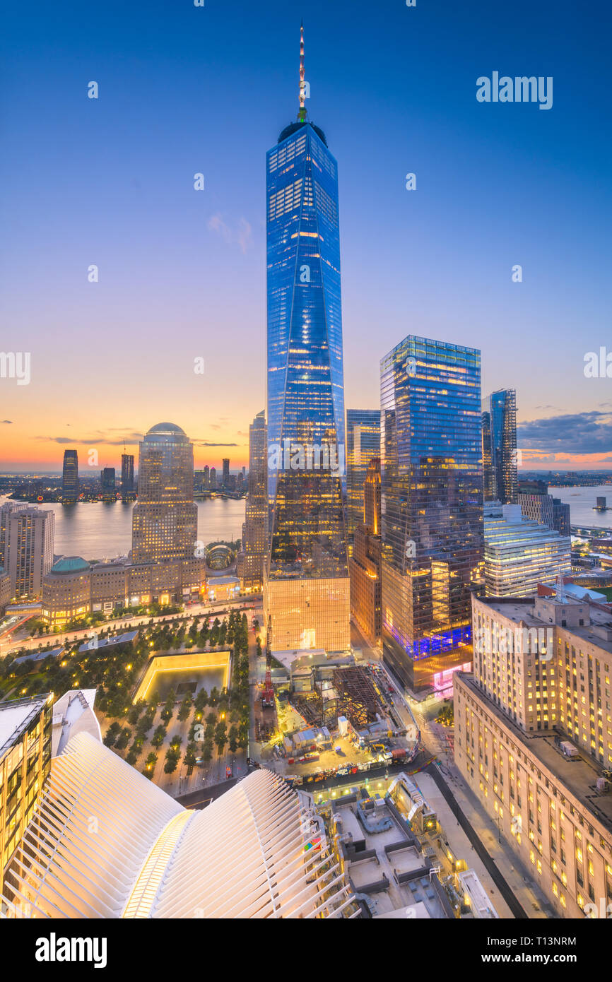 New York, New York, USA financial district cityscape and memorial at dusk. Stock Photo