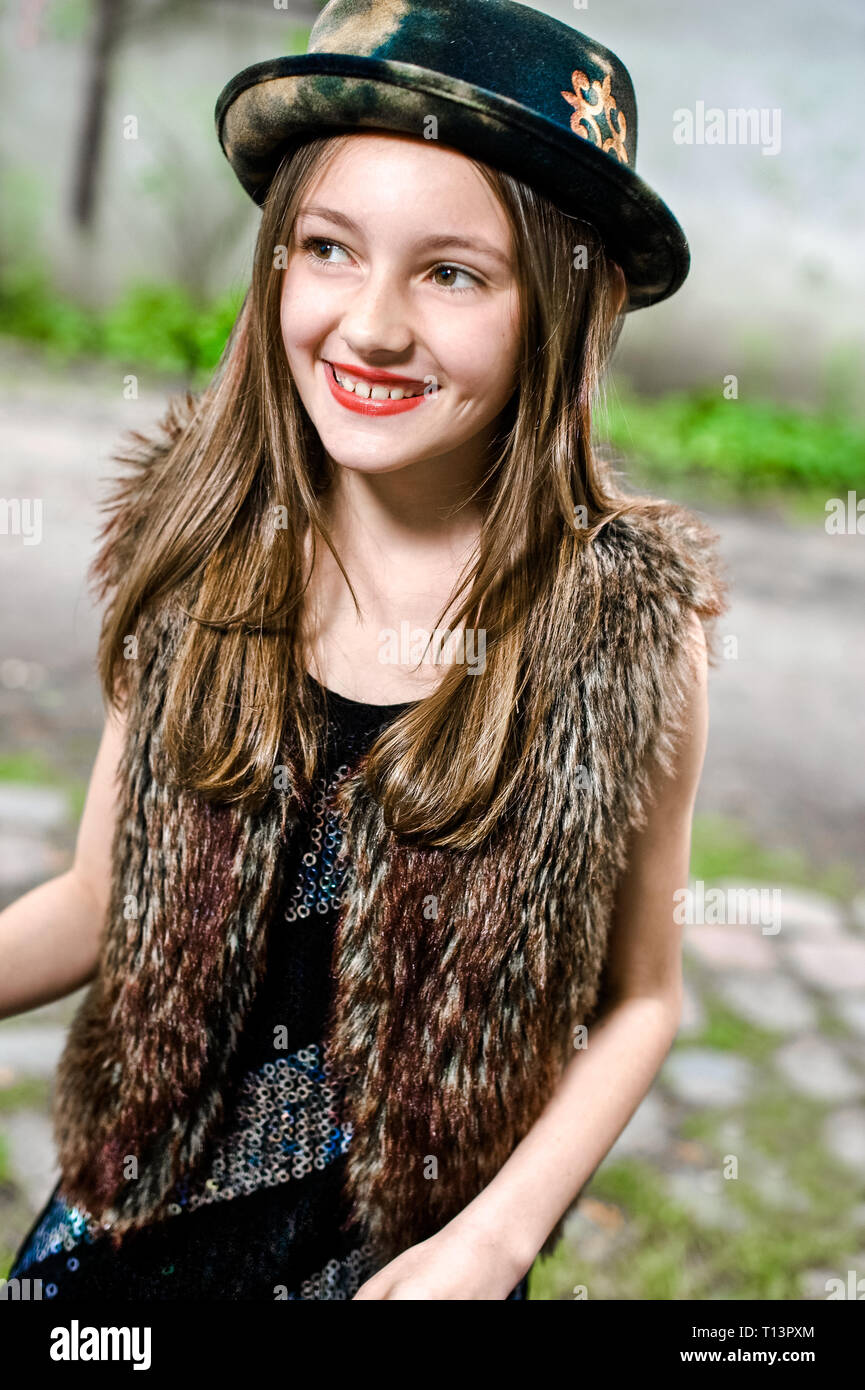Portrait of fashionable girl with wearing red lipstick Stock Photo