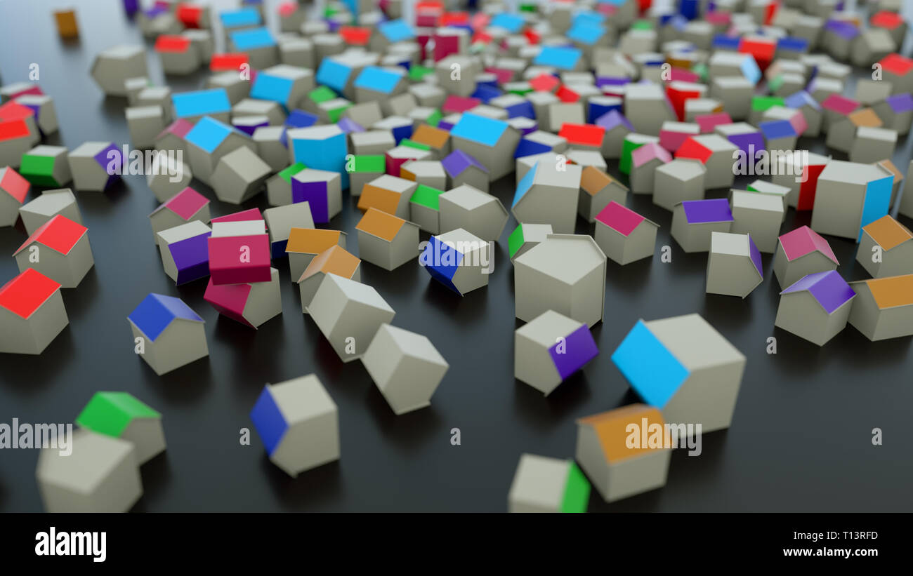 3d render. Multiples houses of different colors Stock Photo