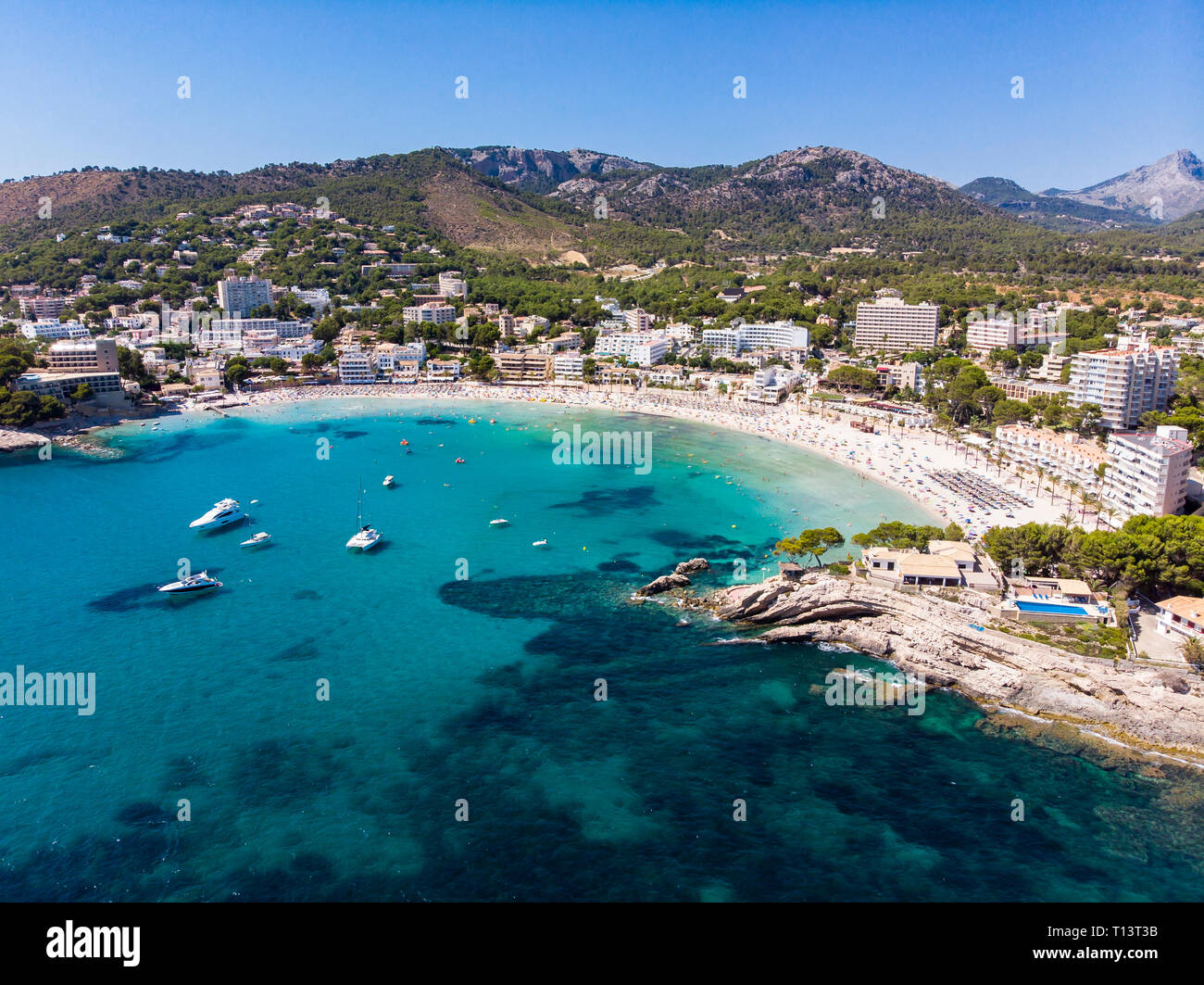 Spain, Balearic Islands, Mallorca, Region Calvia, Costa de la Calma, Peguera, Aerial view of beach with hotels Stock Photo