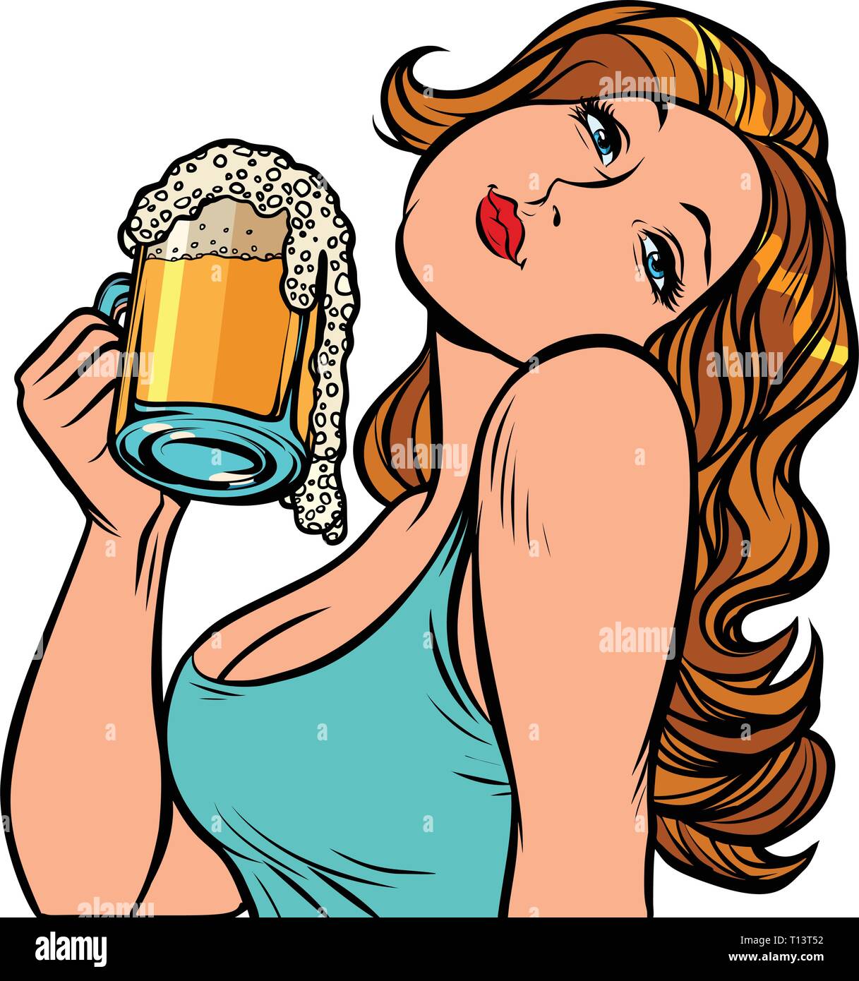 Woman with a mug of beer in profile. Isolate on white background Stock Vector