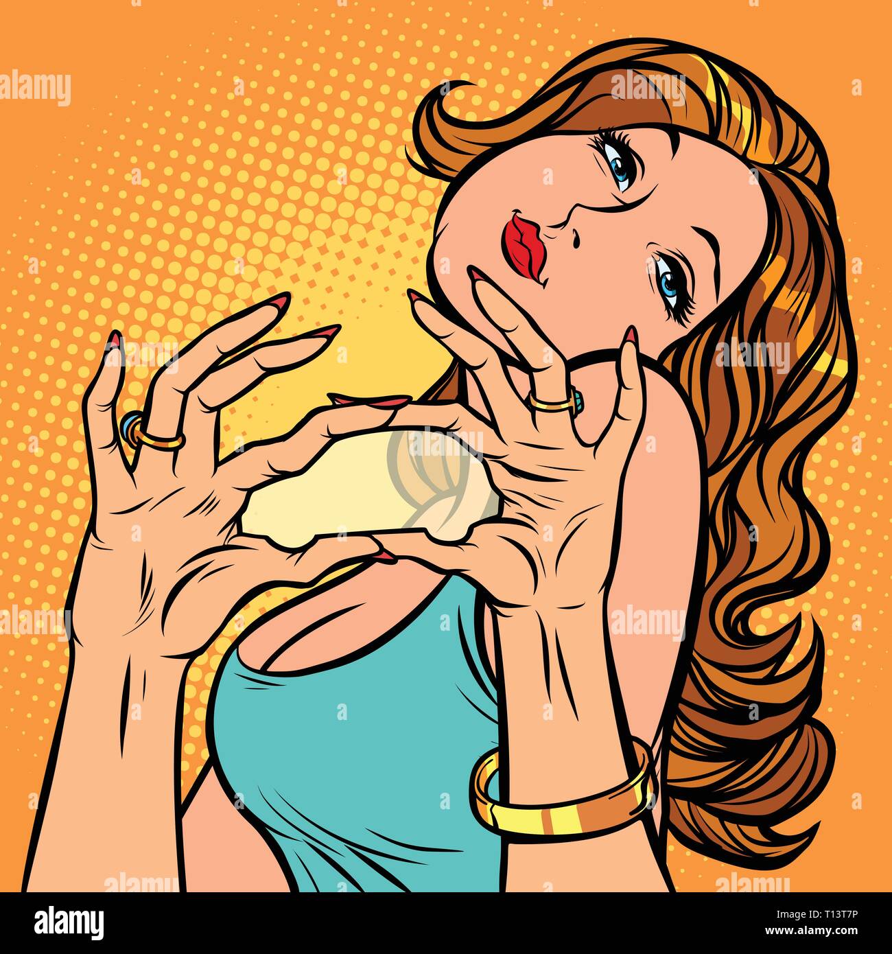 Woman dreams of car, hand gesture gift Stock Vector