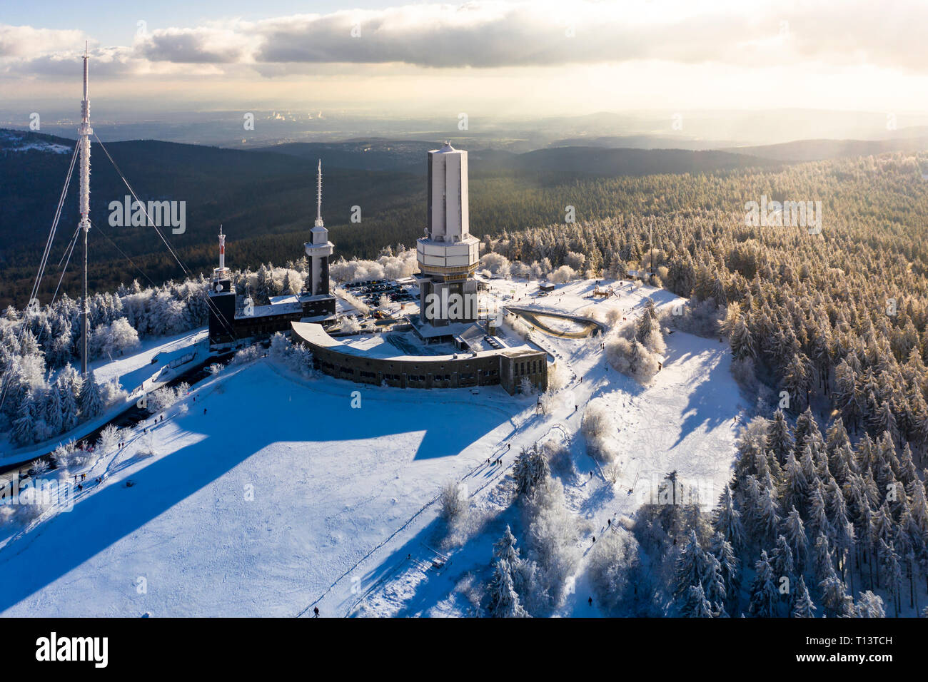 Germany, Hesse, Schmitten, Aerial view of Grosser Feldberg, aerial mast of hr and viewing tower in winter Stock Photo