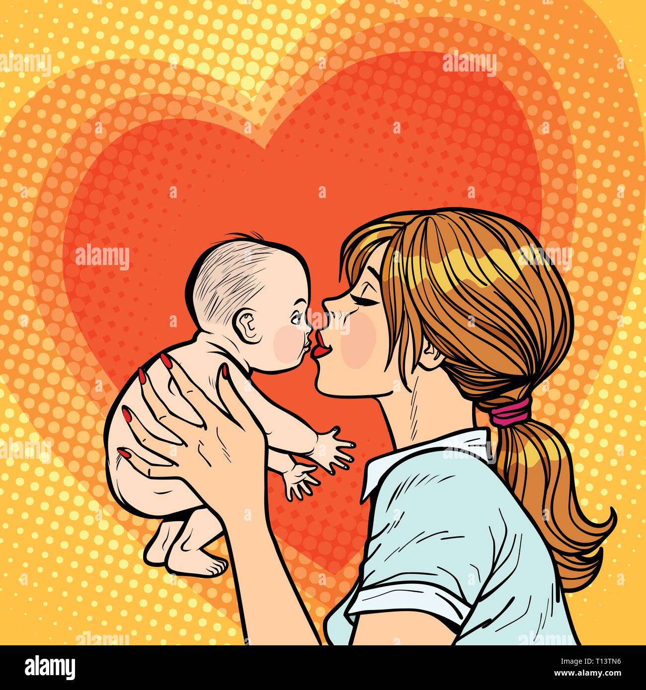 mom kisses baby, woman mother Stock Vector