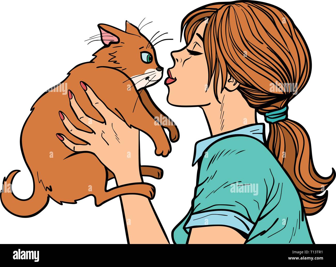 woman kisses a cat Stock Vector