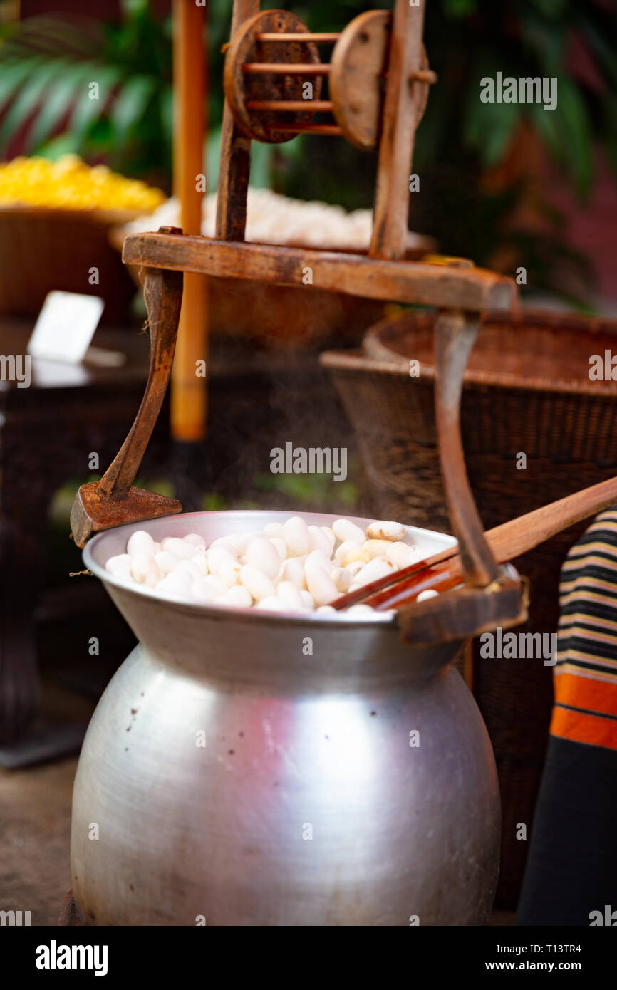 Silk Cocoons Boiling In Large Pot At Factory Stock Photo