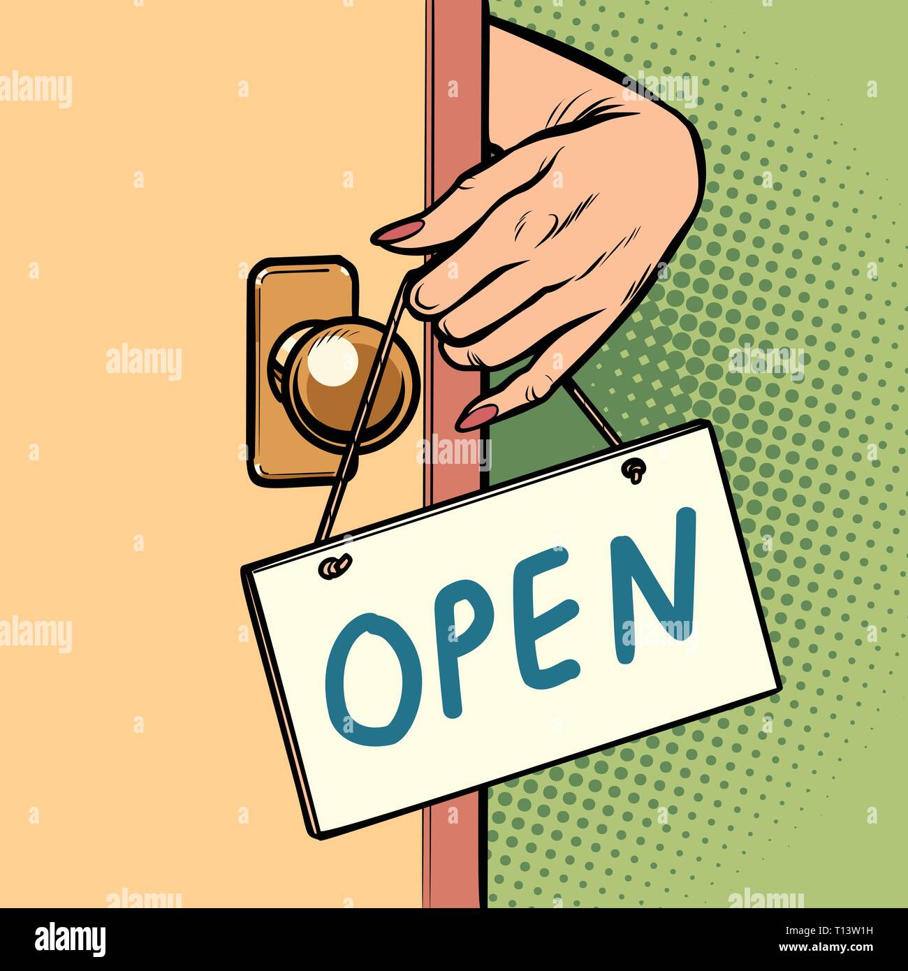 open woman hand hangs a sign on the door Stock Vector