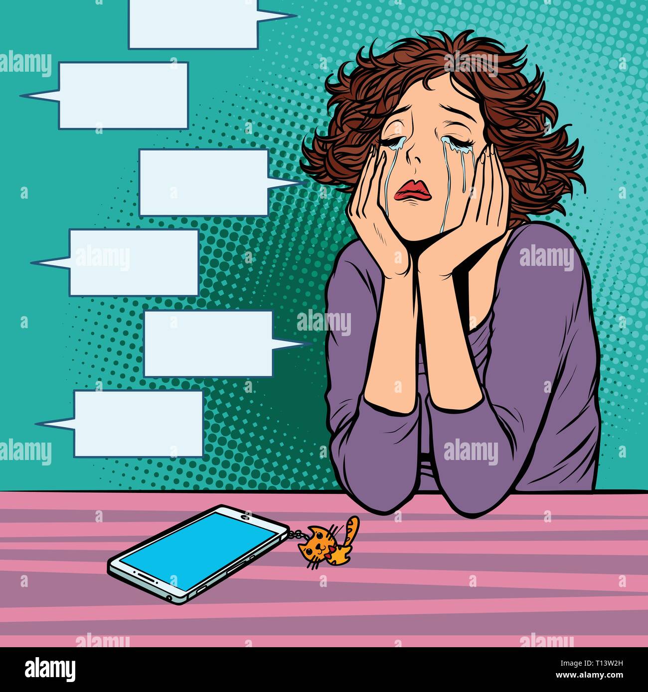 zero messages in messenger. lonely unhappy woman Stock Vector