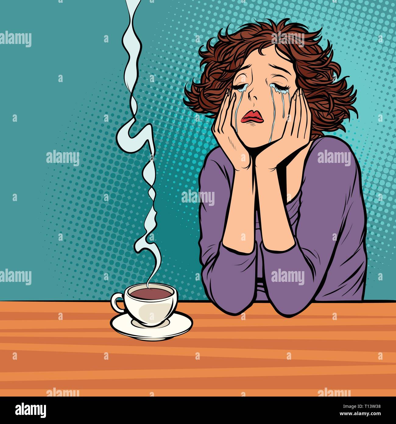lonely unhappy woman. Cup of hot coffee Stock Vector
