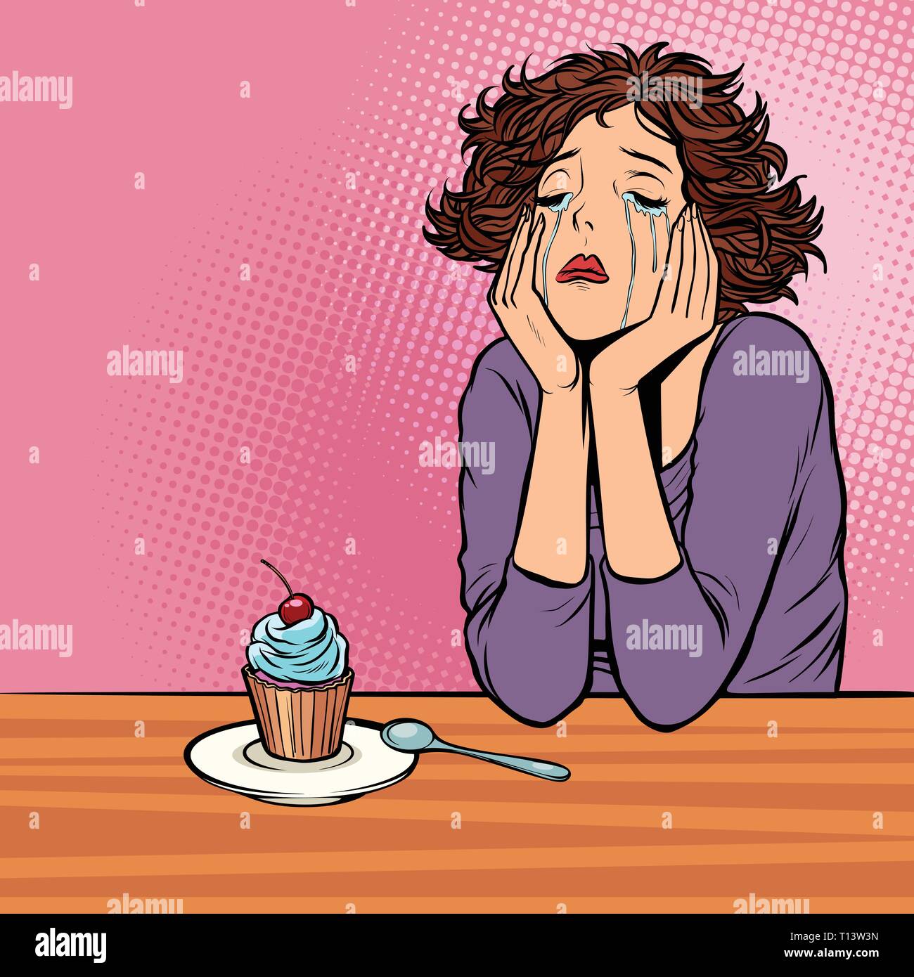 lonely unhappy woman. cupcake dessert Stock Vector