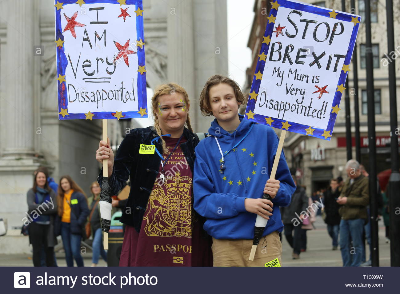 London, UK. 23rd Mar, 2019. Supporters of a final say on leaving the EU have started gathering in London for the protest which will end up in Westminster.Many well known speakers including Tom Watson will address the crowd this evening, Credit: Clearpix/Alamy Live News Stock Photo