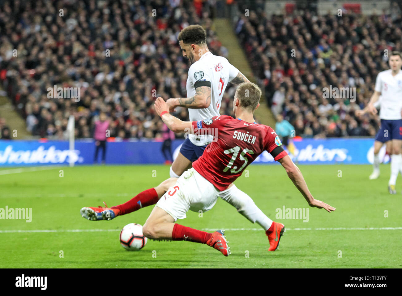 London, UK. 22nd Mar, 2019. Tomas Soucek of Czech Republic beats Kyle Walker of England in a challenge during the UEFA Euro Qualifier Group A match between England and Czech Republic at Wembley Stadium, London, England on 22 March 2019. Photo by Ken Sparks. Editorial use only, license required for commercial use. No use in betting, games or a single club/league/player publications. Credit: UK Sports Pics Ltd/Alamy Live News Stock Photo