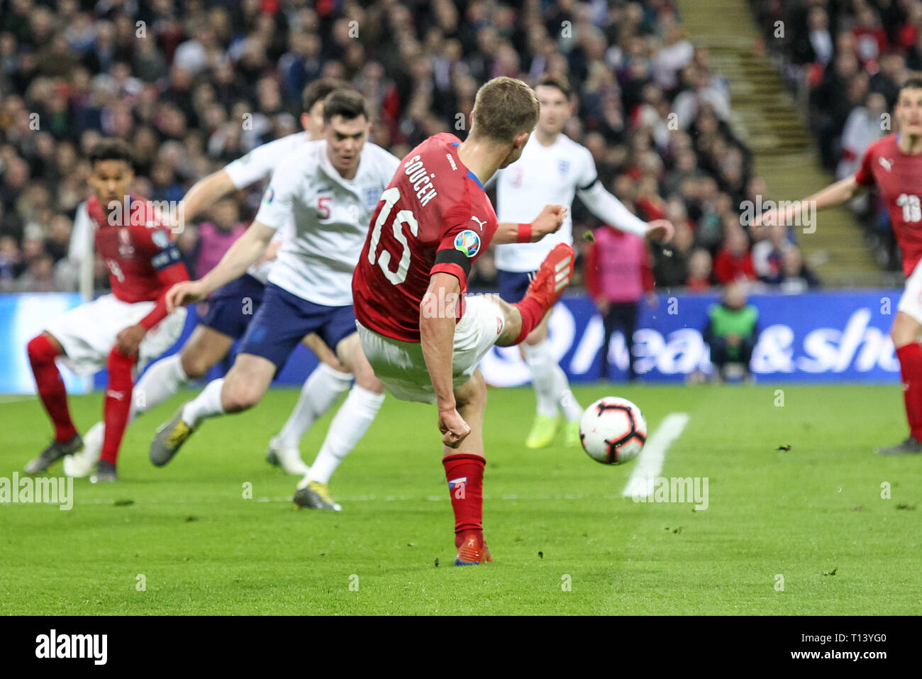 London, UK. 22nd Mar, 2019. Tomas Soucek of Czech Republic crosses the ball during the UEFA Euro Qualifier Group A match between England and Czech Republic at Wembley Stadium, London, England on 22 March 2019. Photo by Ken Sparks. Editorial use only, license required for commercial use. No use in betting, games or a single club/league/player publications. Credit: UK Sports Pics Ltd/Alamy Live News Stock Photo