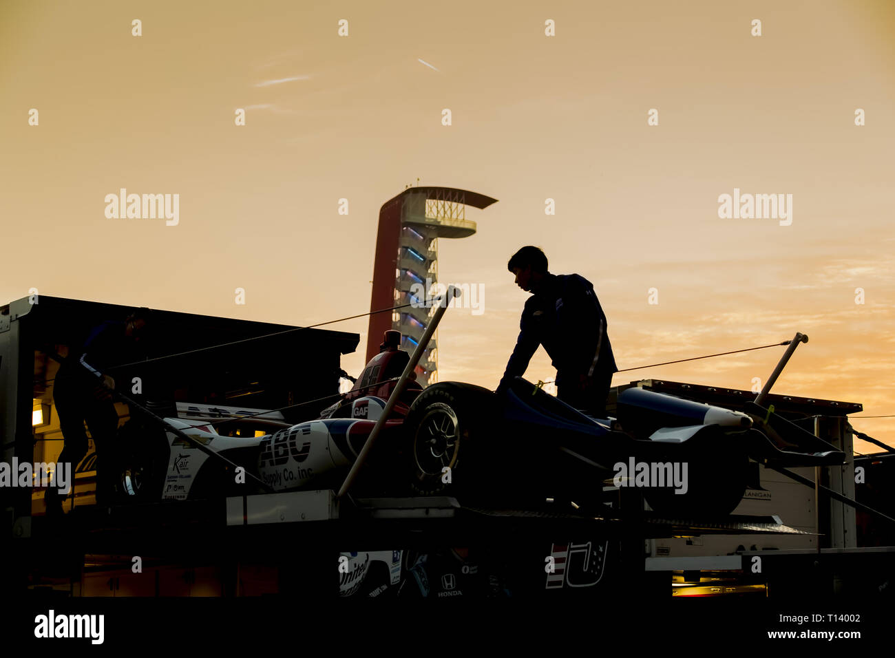 March 22, 2019 - Austin, Texas, U.S. - The AJ Foyt Racing crew unpack their cars before the first practice of the INDYCAR Classic at Circuit Of The Americas in Austin Texas. (Credit Image: © Walter G Arce Sr Asp Inc/ASP) Stock Photo