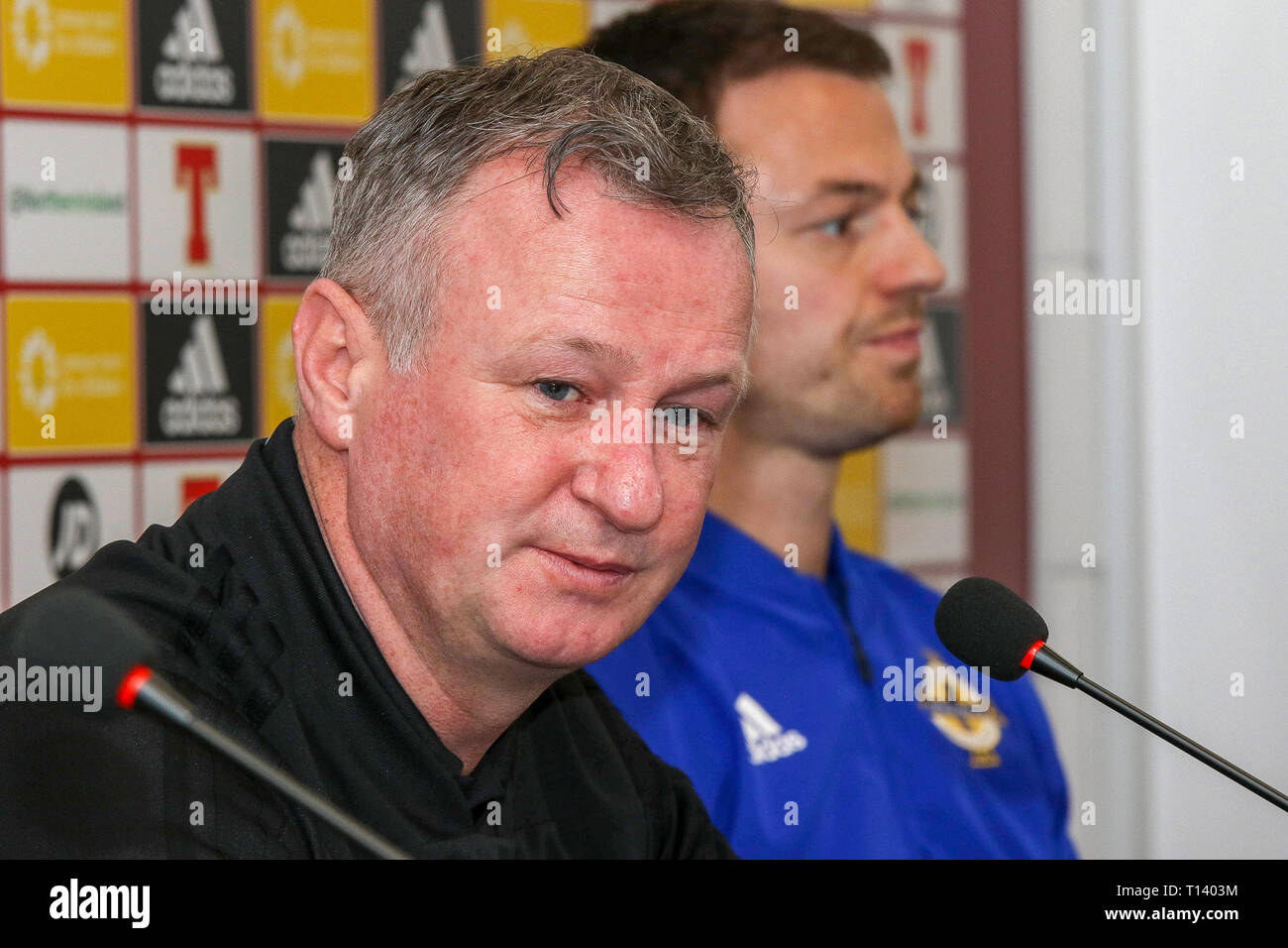 Windsor Park, Belfast, Northern, Ireland. 23rd Mar, 2019. Northern Ireland manager Michael O'Neill (l) and Jonny Evans at today's press conference in Belfast. Northern Ireland play Belarus at Windsor Park tomorrow evening in their second UEFA EURO 2020 Qualifying game. On Friday night Northern Ireland defeated Estonia 2-0 in their first qualifying game. Credit: David Hunter/Alamy Live News Stock Photo