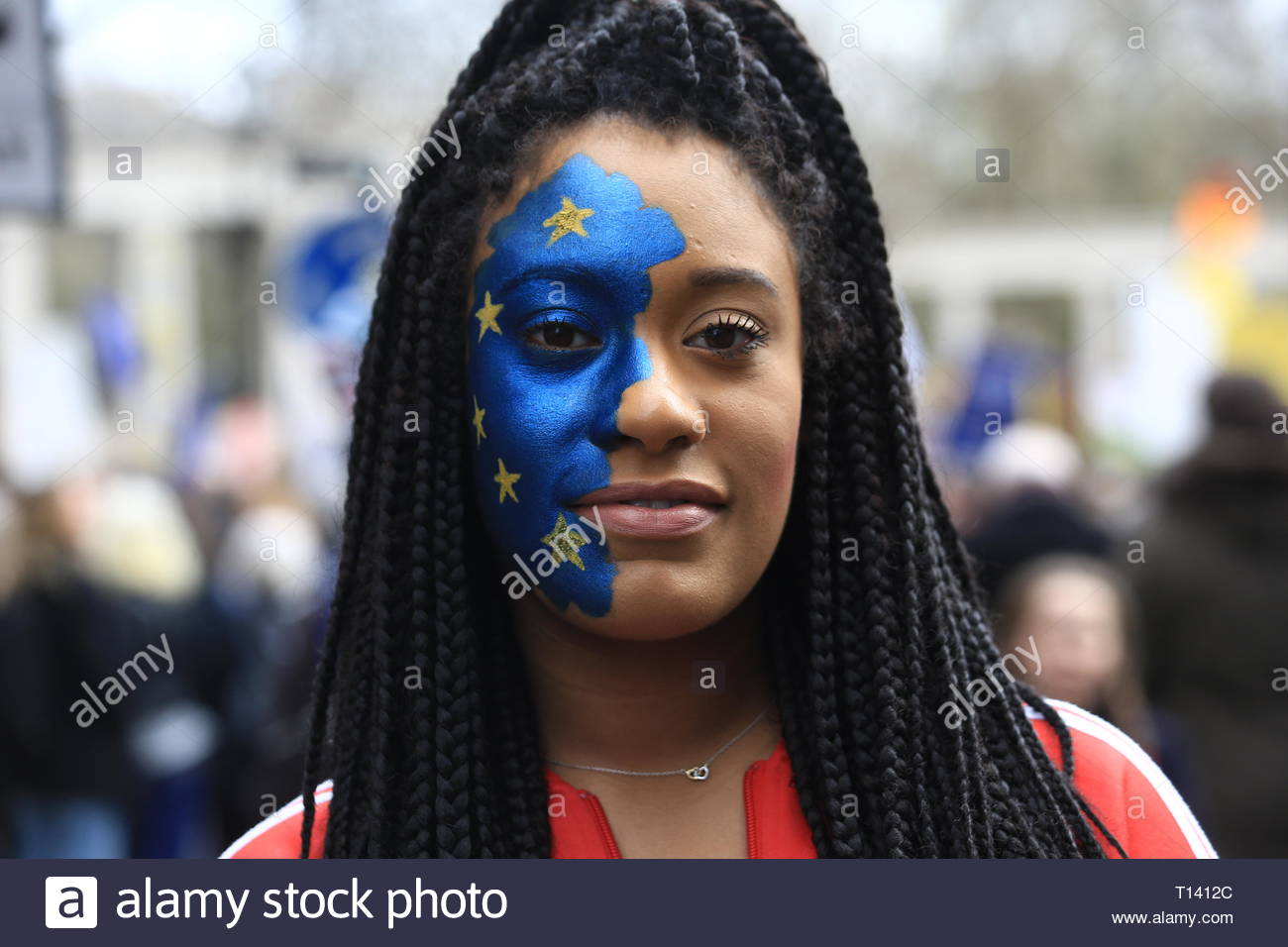 London, UK. 23rd Mar 2019. Supporters of a final say on leaving the EU have started gathering in London for the protest which will end up in Westminster. This young woman was photographed near Park Lane. Many well known speakers including Tom Watson has said he will take part in the rally. Other speakers so far have included Caroline Lucas and Clive Lewis. Credit: Clearpix/Alamy Live News Credit: Clearpix/Alamy Live News Stock Photo