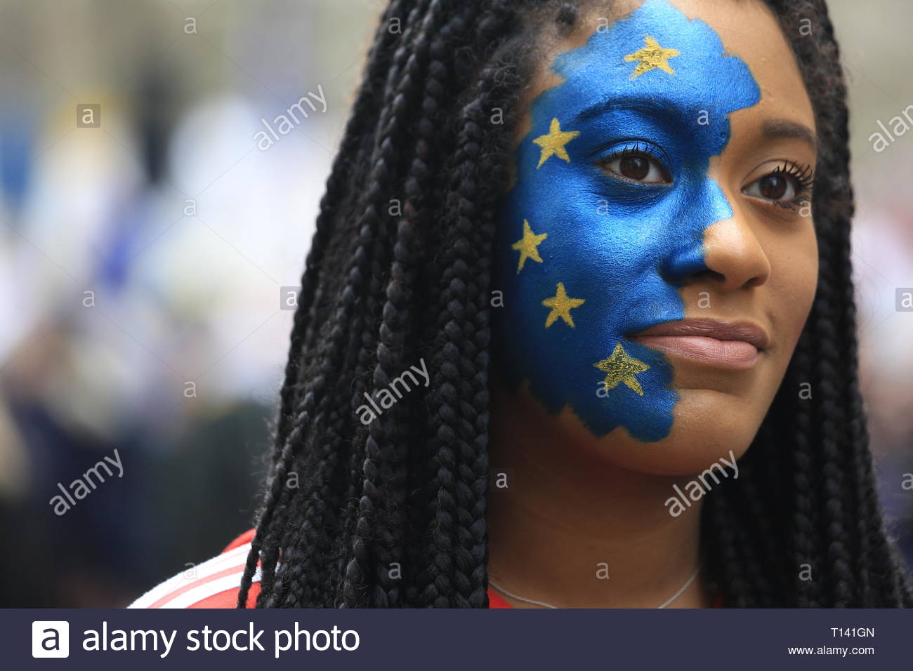 London, UK. 23rd Mar 2019. Supporters of a final say on leaving the EU have started gathering in London for the protest which will end up in Westminster. This young woman was photographed near Park lane. Speakers so far have included Caroline Lucas and Clive Lewis. Credit: Clearpix/Alamy Live News Credit: Clearpix/Alamy Live News Stock Photo
