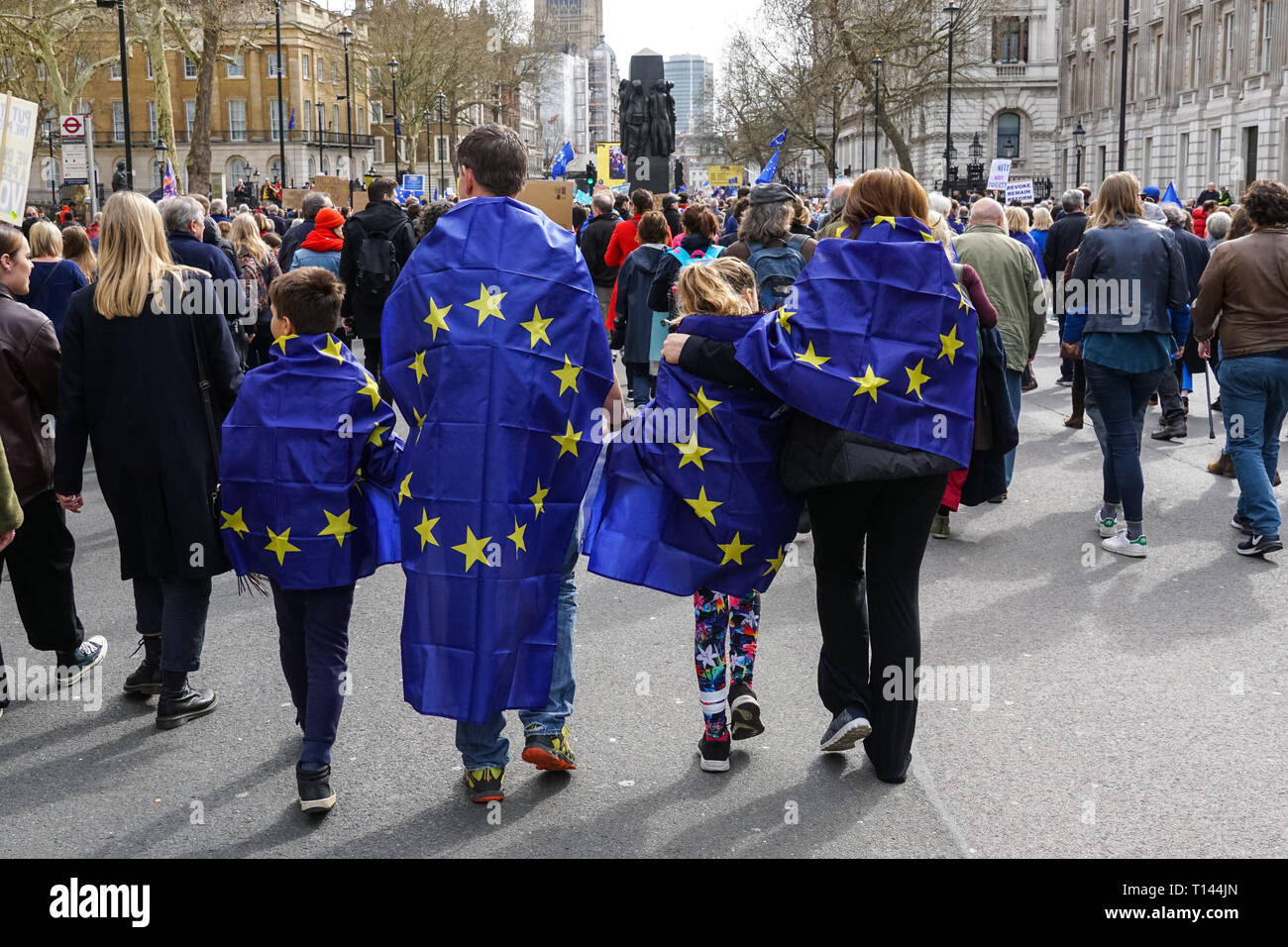 London, UK. 23rd March, 2019. Family with EU flags join the People's Vote March against Brexit Stock Photo