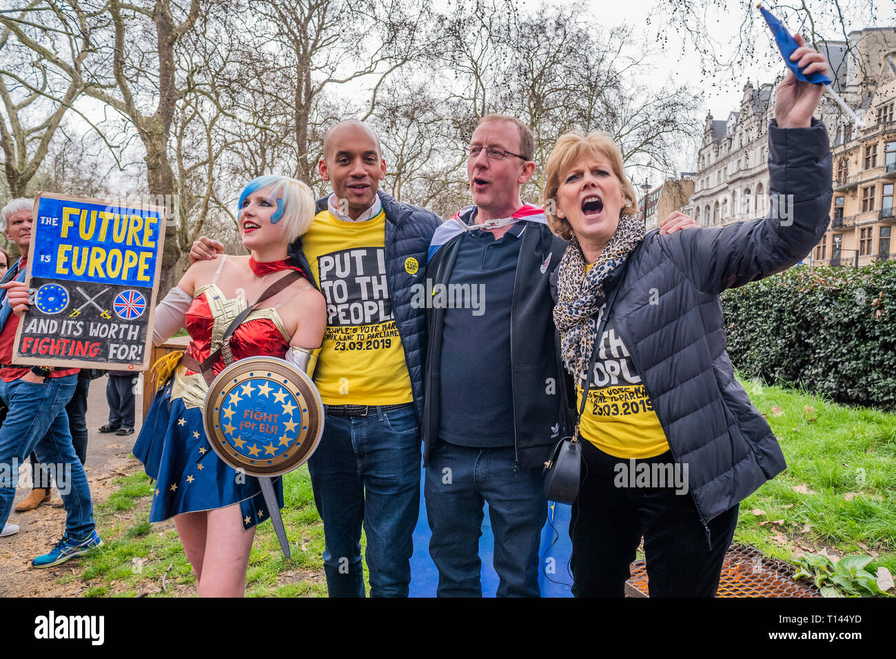 London, UK. 23rd March, 2019. Chuka Umunna and Anna Soubry lead the march and then have to take a short cut to parliament square to be in time for their speeches greeting people and giving short interviews along the way - It is estimated that over a million people joined the Put it to the People March from Park Lane to Parliament. Organised by the Peoples-Vote.UK to demand that, whatever deal is finally agreed, that it is put to the people to finally decide upon. Credit: Guy Bell/Alamy Live News Stock Photo