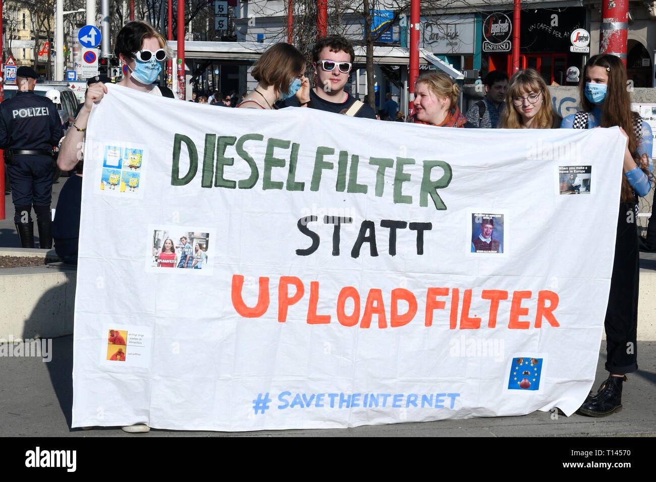 Vienna, Austria. 23.März.2019. EU continues protest day against planned copyright reform and upload filter: Demonstration 'Save Your Internet'. Picture shows a banner with the inscription 'Diesel filter instead of upload filter'  Credit: Franz Perc / Alamy Live News Stock Photo