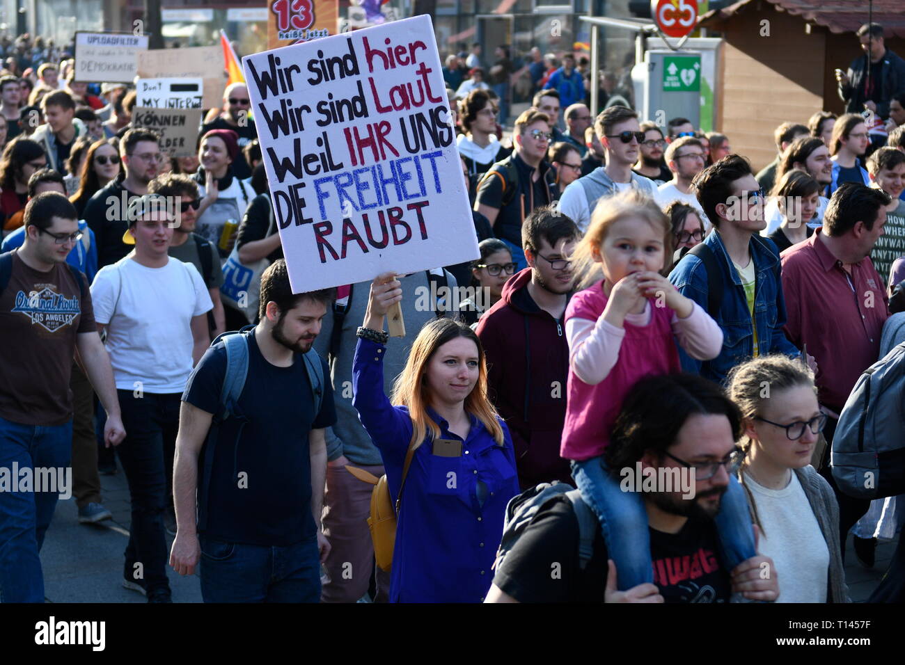 Vienna, Austria. 23.März.2019. EU continues protest day against planned copyright reform and upload filter: Demonstration 'Save Your Internet'. Picture shows a blackboard with the inscription 'we are here, we are loud because you steal our future' Credit: Franz Perc / Alamy Live News Stock Photo