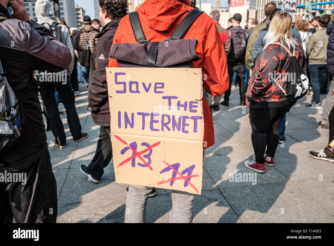 Berlin, Germany - march 23, 2019: Demonstration against EU copyright reform  / article 11 and article 13  in Berlin Germany. Stock Photo